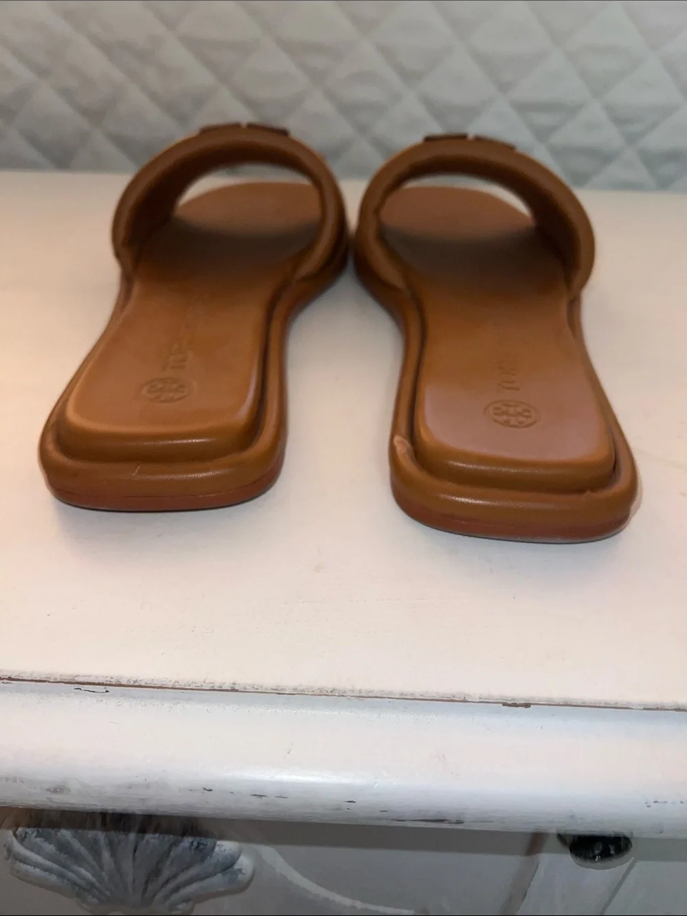 Tory Burch Tan Leather Logo Slide Sandals